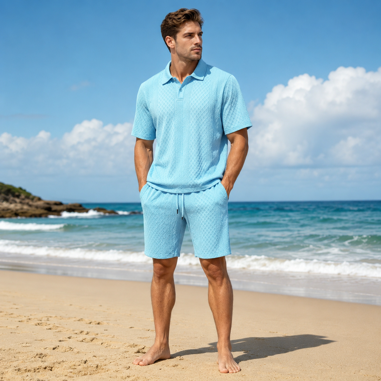 【S-3XL】Conjunto Verano Hombre 🏖️ Polo Corto + Shorts Jacquard, Casual Playa
