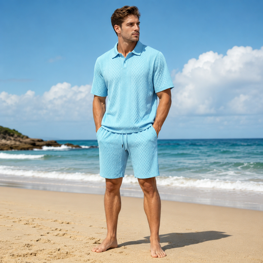 【S-3XL】Conjunto Verano Hombre 🏖️ Polo Corto + Shorts Jacquard, Casual Playa