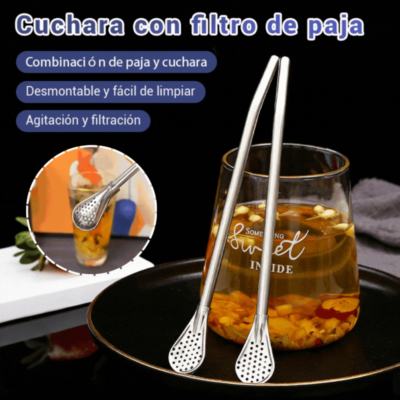 🥄☕Cuchara de paja de acero inoxidable 304 de doble uso, cuchara creativa para revolver café, filtro ecológico para té, leche y jugo