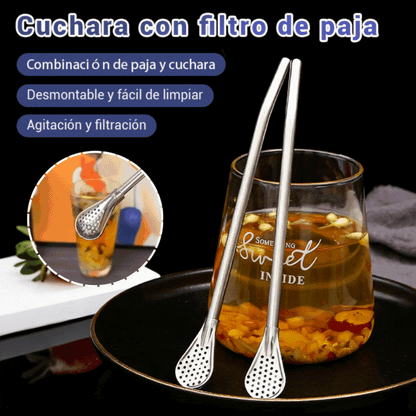 🥄☕Cuchara de paja de acero inoxidable 304 de doble uso, cuchara creativa para revolver café, filtro ecológico para té, leche y jugo