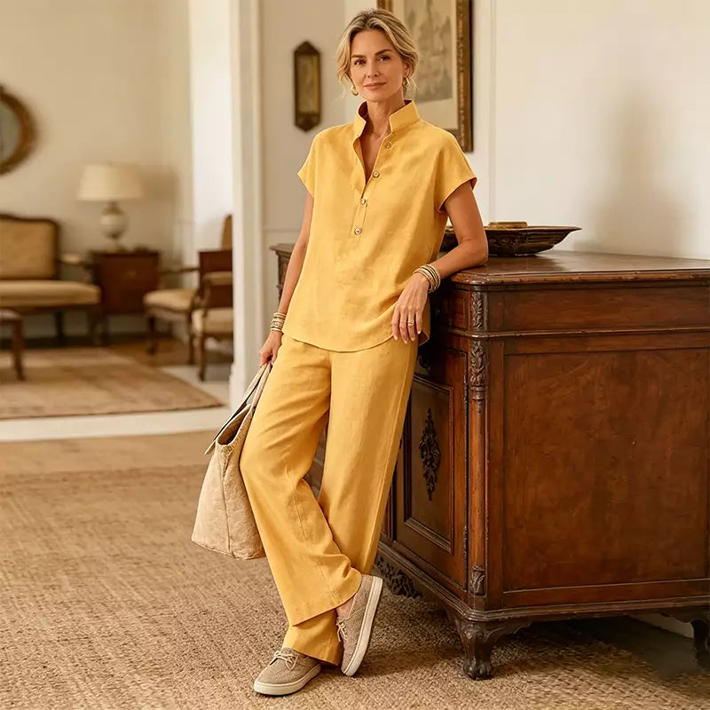 ✨ Conjunto de lino y algodón para mujer – Blusa de manga corta y pantalón de pata ancha, estilo casual y elegante de verano