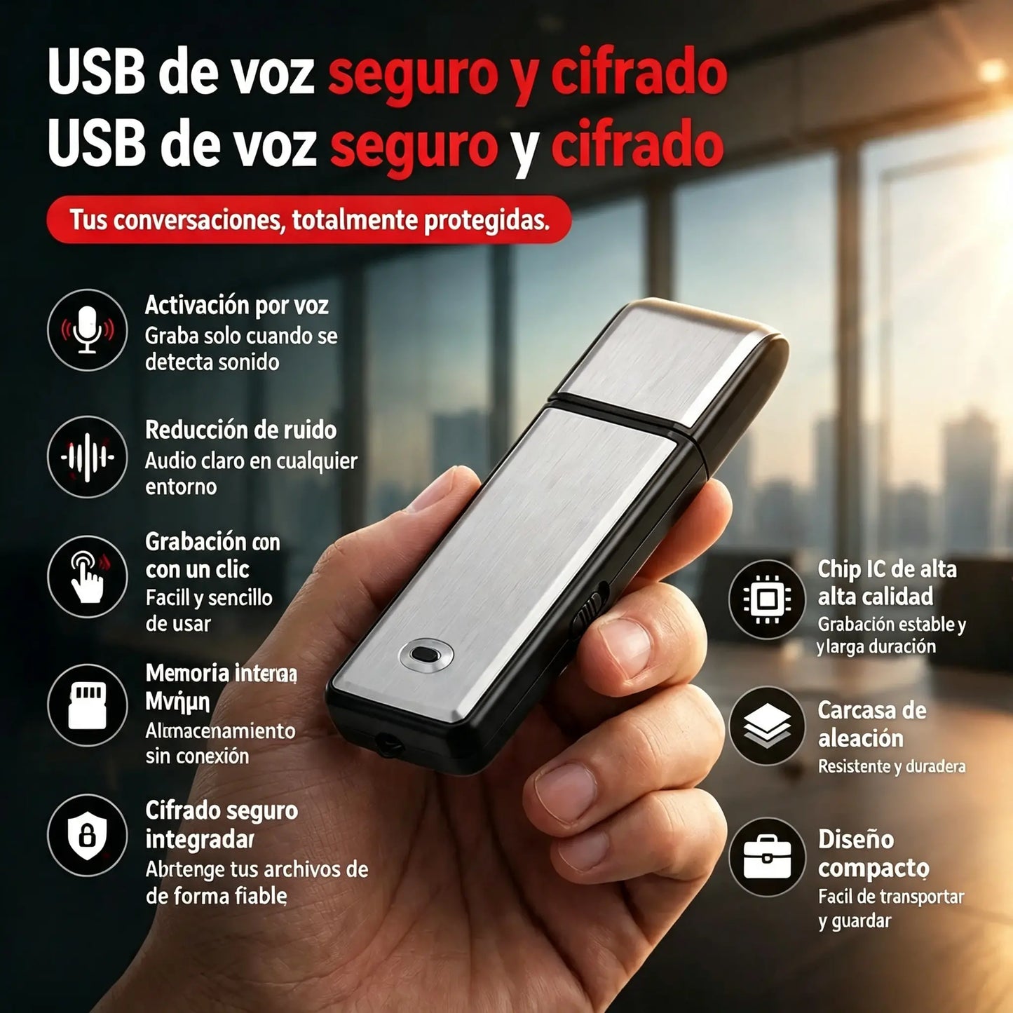 【8/16GB】Grabadora de voz USB portátil de alta resolución con reducción de ruido