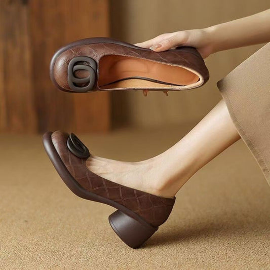 👠【35-40】2025 nové 5CM mäkká podrážka retro hrubé kožené topánky s okrúhlou špičkou 3921333