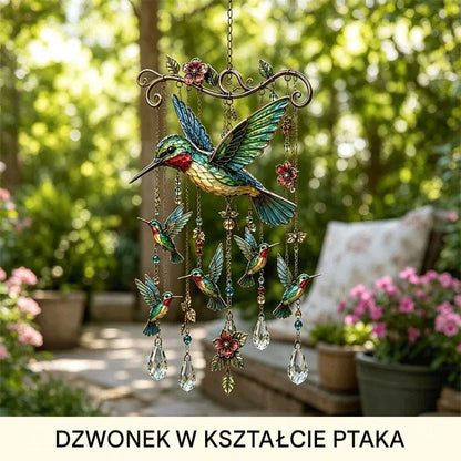 🐦 Kryształowy dzwonek wietrzny z kolibrem i malowanym wzorem w stylu retro