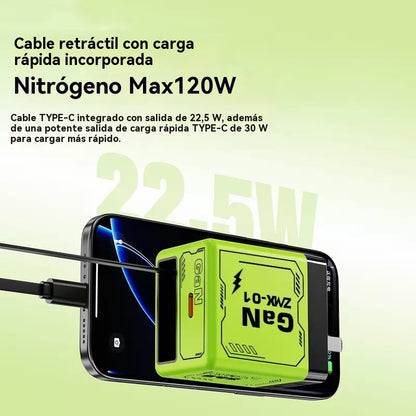 Cargador de pared GaN 2 en 1 con cable retráctil