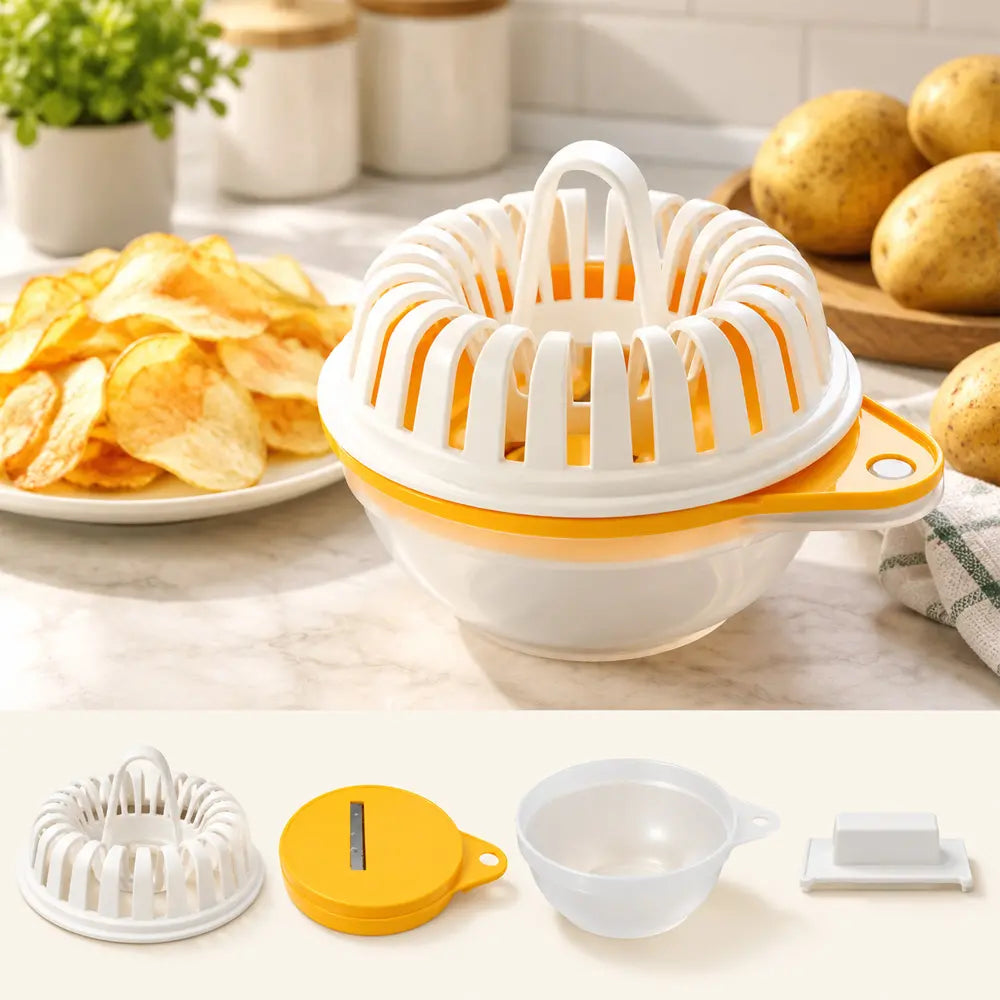 🥔🔥 Hacedor de Patatas Fritas para Microondas con Cortador y Bol, Set de Cocina DIY para Snacks Saludables y Crujientes sin Aceite 🥣✨