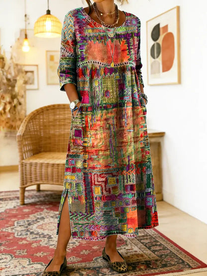 Manuela | Sukienka Maxi w Stylu Boho z Etnicznym Wzorem Patchwork
