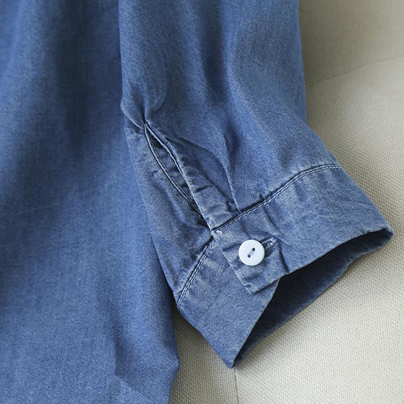 Camisa de manga tres cuartos con cuello en V y tejido vaquero fino para mujer, ideal para primavera/verano.