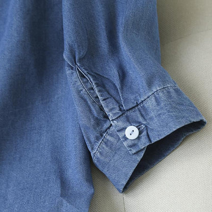 Camisa de manga tres cuartos con cuello en V y tejido vaquero fino para mujer, ideal para primavera/verano.