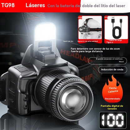 💡Potente linterna frontal de inducción para uso doméstico, uso al aire libre, zoom, largo alcance, recargable, larga duración, caminata nocturna, aventura, pesca nocturna