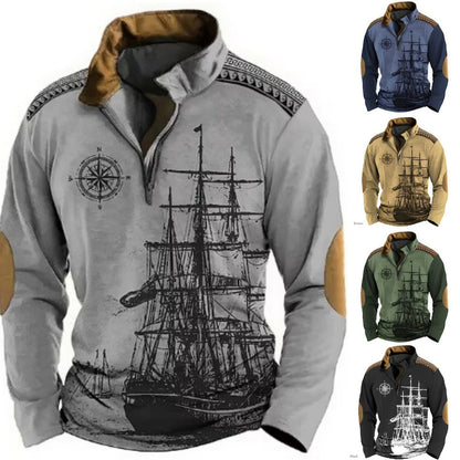 【S-5XL】Nová módna pánska mikina s dlhým rukávom, etnickou potlačou a zipsom na polovicu