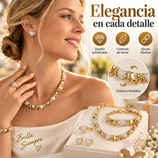 🎁 Juego de 4 piezas de joyería clásica con forma de corazón y baño de oro