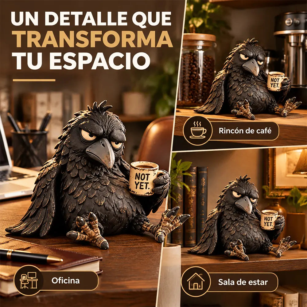 ☕😂 Figura de cuervo cafetero gruñón — Decoración matutina divertida para amantes del café