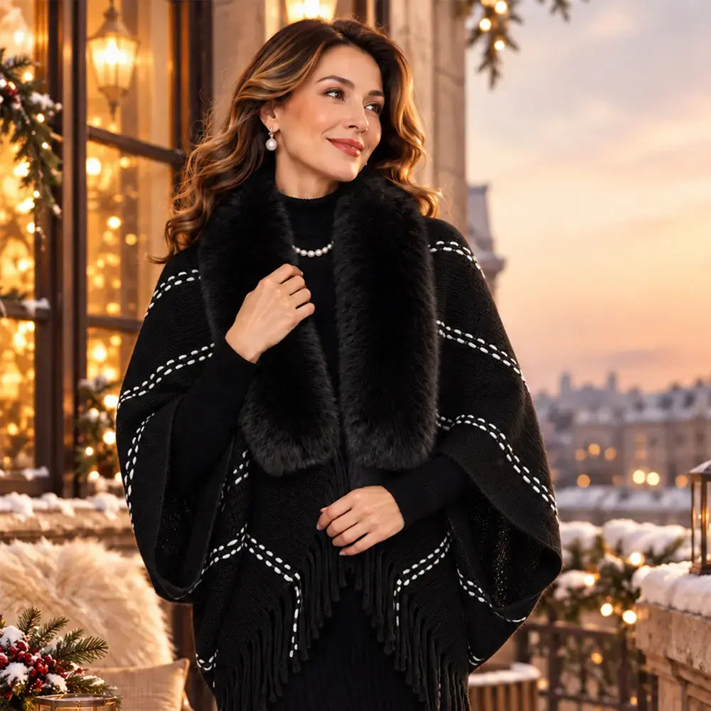 ✨ Chal de invierno tejido con cuello mullido y elegantes flecos · ¡Un cárdigan estilo poncho, cálido y de corte relajado, para mujer!