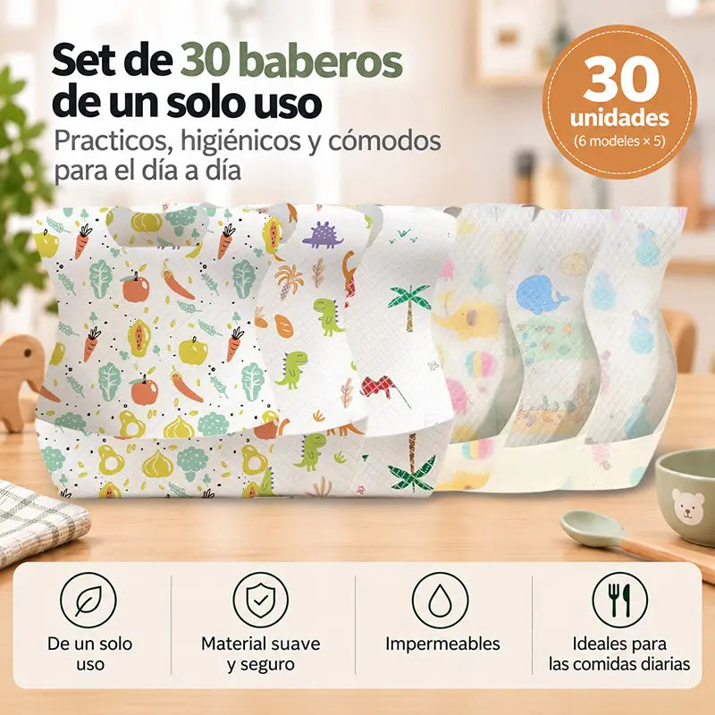 🛡️【30 piezas】👶 Babero Desechable Infantil con Bolsillo 3D Antifugas – Delgado, Impermeable y Práctico para el Día a Día 🍽️