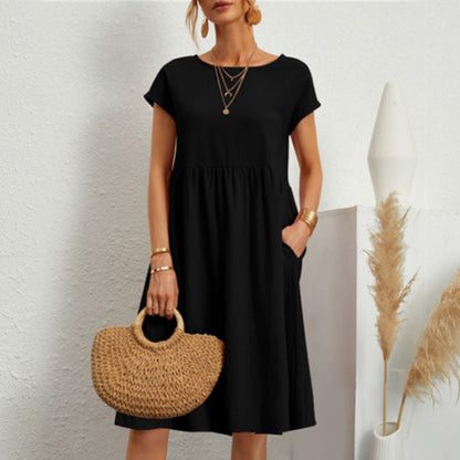 ✨ ✨ 【S-5XL】👗2025 Dámske bavlnené ľanové šaty s okrúhlym výstrihom a voľnými líniami