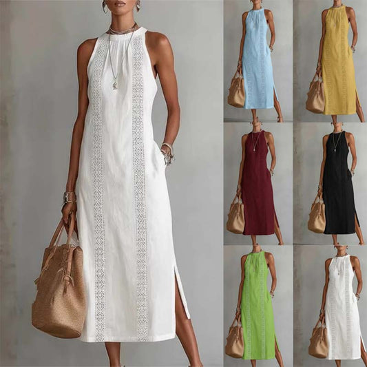 【S-2XL】Vestido de Verano de Color Sólido con Cuello Halter y Encaje Elegante