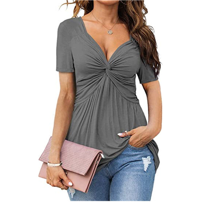 💕【-45% OFF】💕Novo po posebnoj cijeni!Camisa elegante informal de manga corta con cuello en V y nudo.