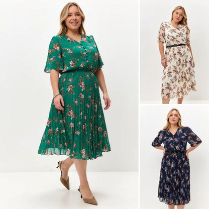 🌸💥【S-5XL】2025 dámske letné nové elegantné šifónové šaty s potlačou Módne šaty s gombíkom do V a opaskom