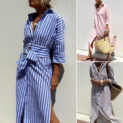 【S-2XL】Vestido Camisero Midi de Rayas：Elegancia Francesa y Frescura para