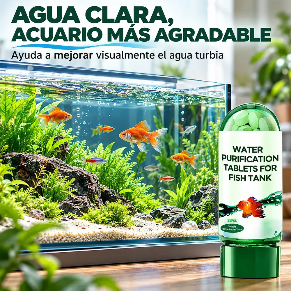 💧🐟【2 frascos / 70 pastillas】Tabletas purificadoras de agua para acuario – ayudan a mejorar la claridad, reducen algas y fórmula suave para peces, camarones y plantas acuáticas.
