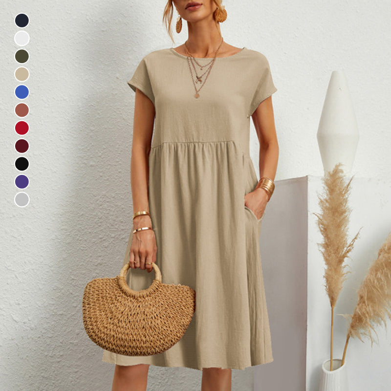 ✨ ✨ 【S-5XL】👗2025 Dámske bavlnené ľanové šaty s okrúhlym výstrihom a voľnými líniami