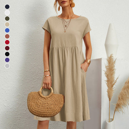 ✨ ✨ 【S-5XL】👗2025 Dámske bavlnené ľanové šaty s okrúhlym výstrihom a voľnými líniami