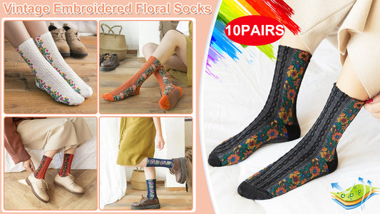 💐【5 perechi】🧦 Șosete lungi noi din bumbac, cu imprimeu floral retro, răsucite, pentru toamnă și iarnă 3756482 