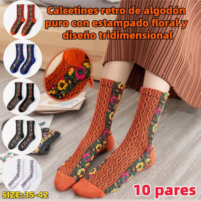 🌸10 pares🌸Calcetines largos retorcidos con estampado floral retro de algodón nuevos para otoño e invierno