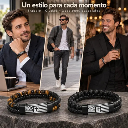 ✝️ Pulsera de Cuero para Hombre con Cruz | Diseño Trenzado de Doble Capa con Piedra Volcánica y Ojo de Tigre