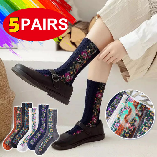 💐【5 perechi】🧦 Șosete lungi noi din bumbac, cu imprimeu floral retro, răsucite, pentru toamnă și iarnă 3756493 