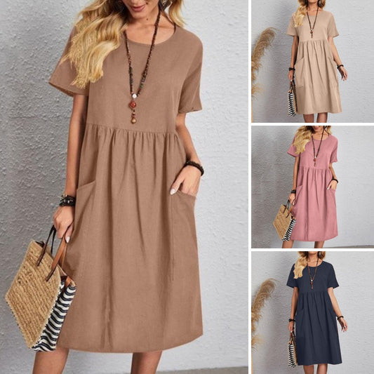🔥👗【S~5XL】Rochie nouă din bumbac și in, cu guler rotund, mânecă scurtă, confortabilă și respirabilă, din talie 2025 