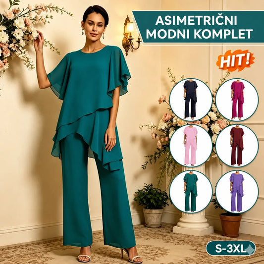 【S–3XL】Elegantni komplet od šifona: asimetrični top s volanima i široke hlače – sofisticiran izgled za posebne prilike