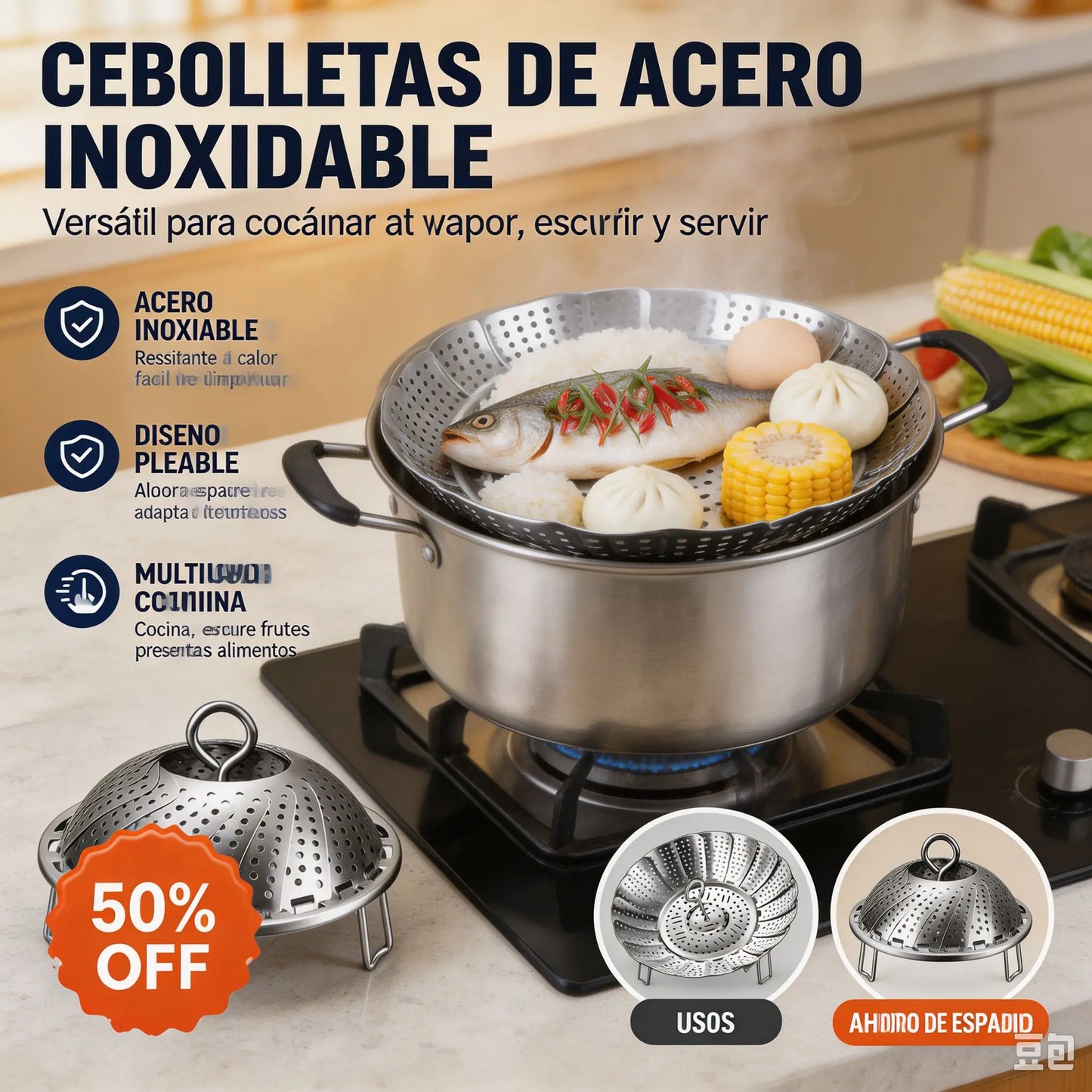 🥳50% de descuento♨️🍲Vaporera extensible de acero inoxidable, material apto para uso alimentario.