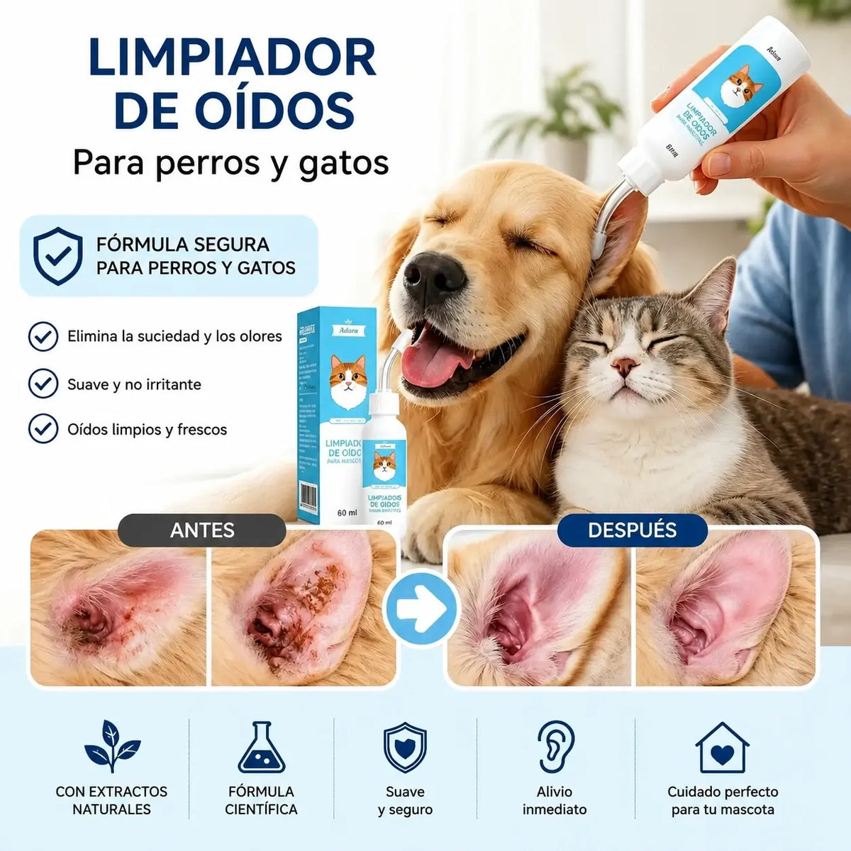 🐶🐱 Limpiador de oídos, alivia la picazón en perros y gatos.