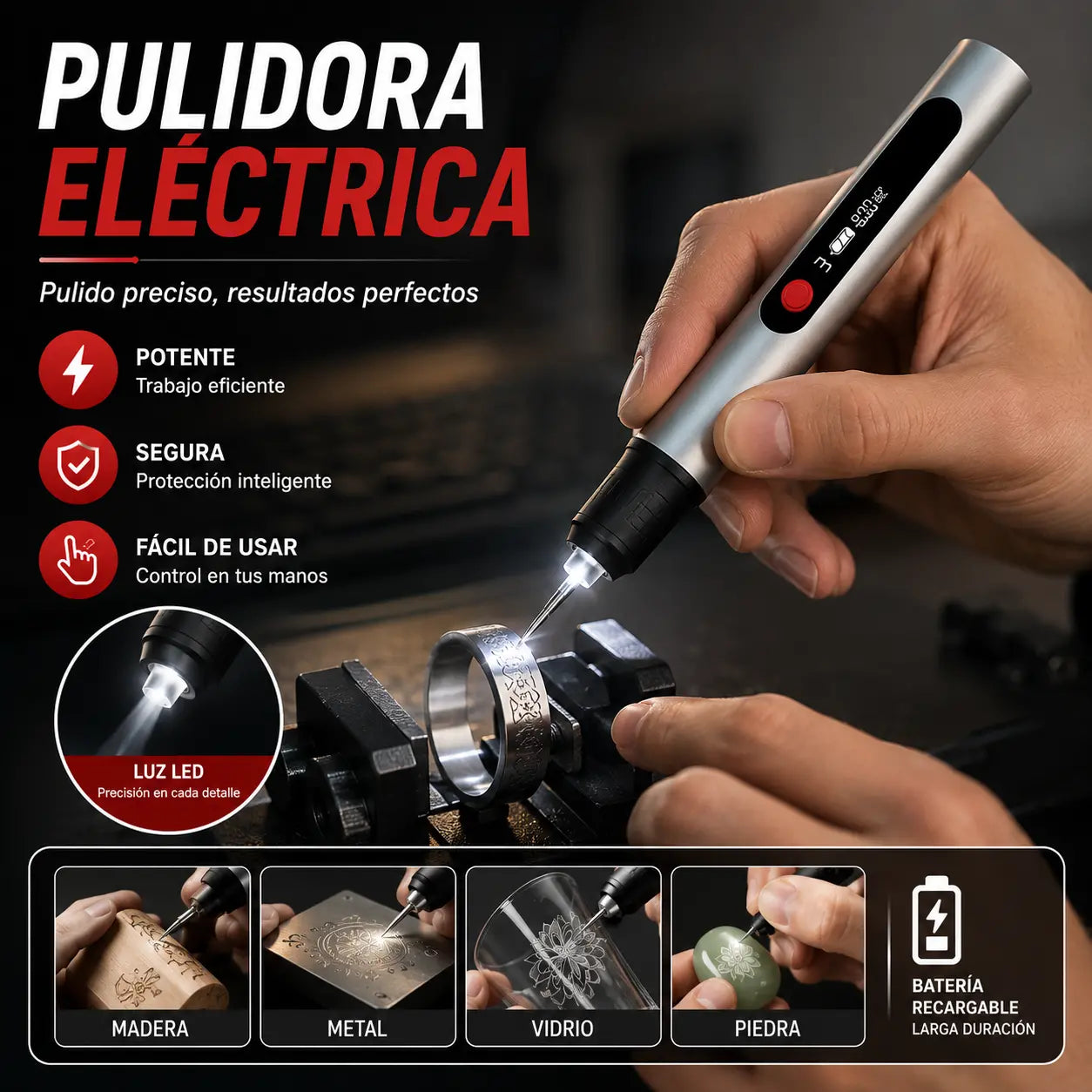 Pluma de grabado multifuncional recargable de iones de litio de larga duración para decoración de uñas y pulido eléctrico