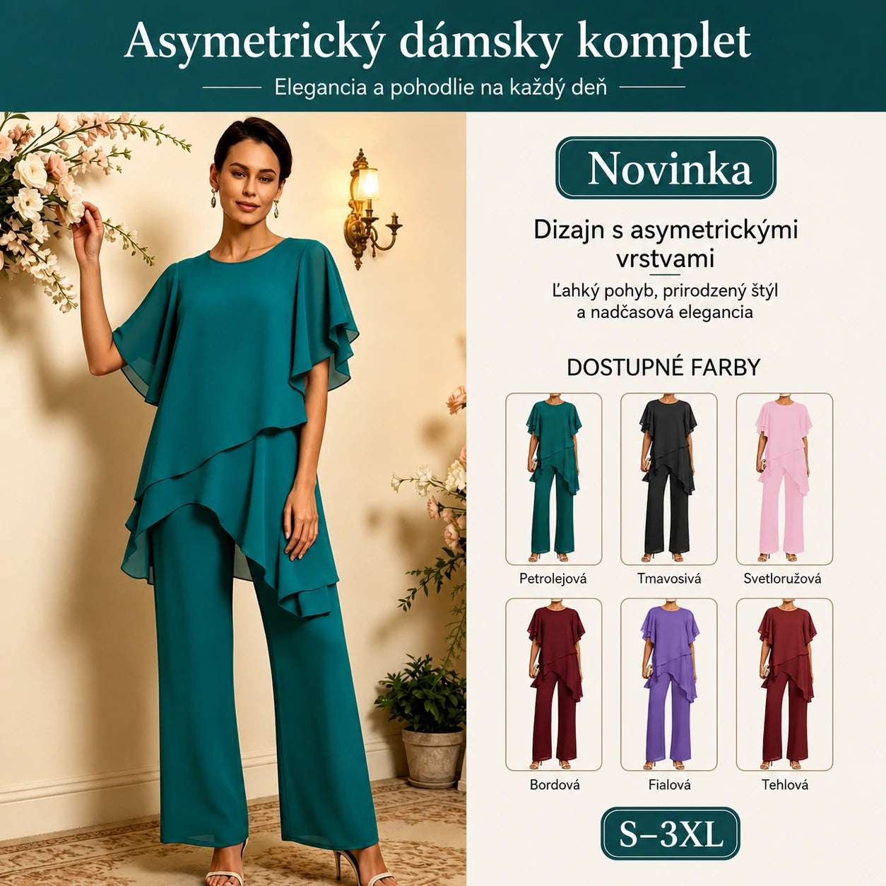 【S–3XL】Elegantný šifónový komplet: asymetrický top s volánmi a široké nohavice – sofistikovaný vzhľad na spoločenské udalosti