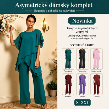 【S–3XL】Elegantný šifónový komplet: asymetrický top s volánmi a široké nohavice – sofistikovaný vzhľad na spoločenské udalosti