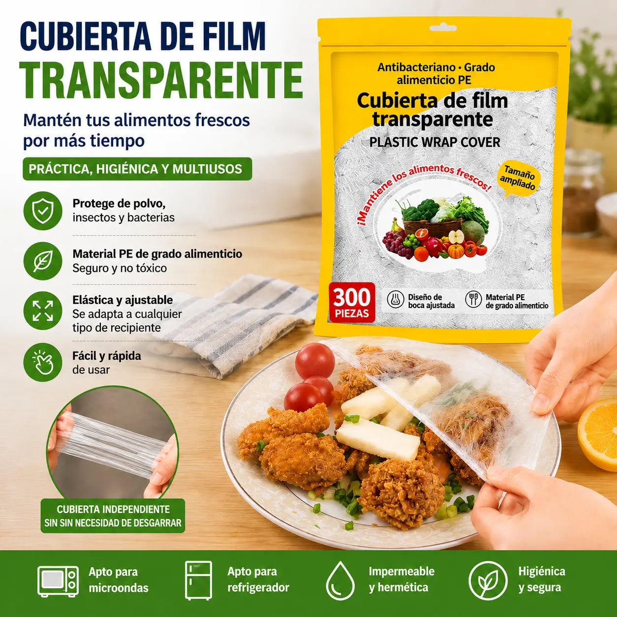 【1 bolsa de 300 unidades】🛡️ Film transparente de calidad alimentaria con acción antibacteriana – Protege tus alimentos, ideal para cocina y nevera 🧴