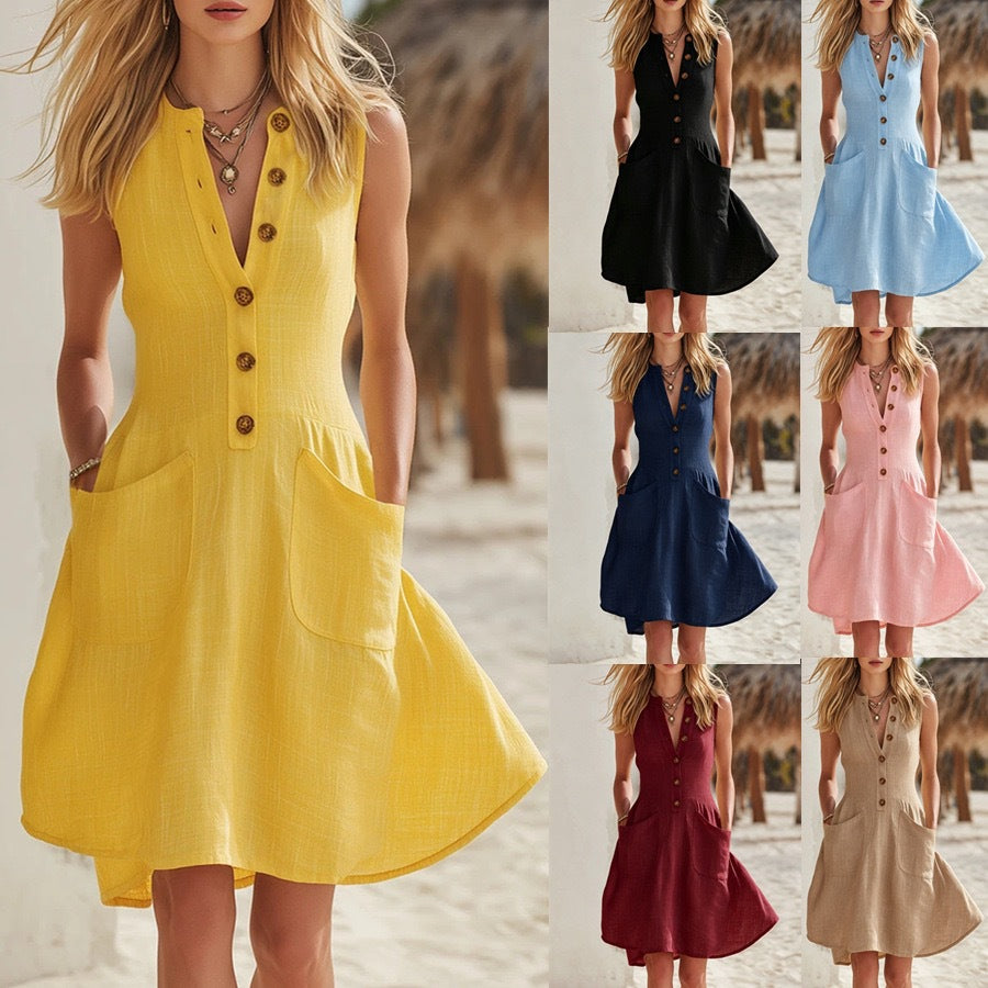 ✨【S-3XL】Vestido cómodo de algodón y lino para mujer, sin mangas, con botones.