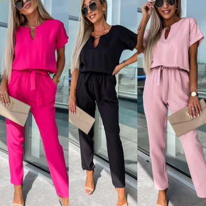 ✨ Conjunto de 2 Piezas Elegante: Top con Detalle en V y Pantalón con Lazo 💃