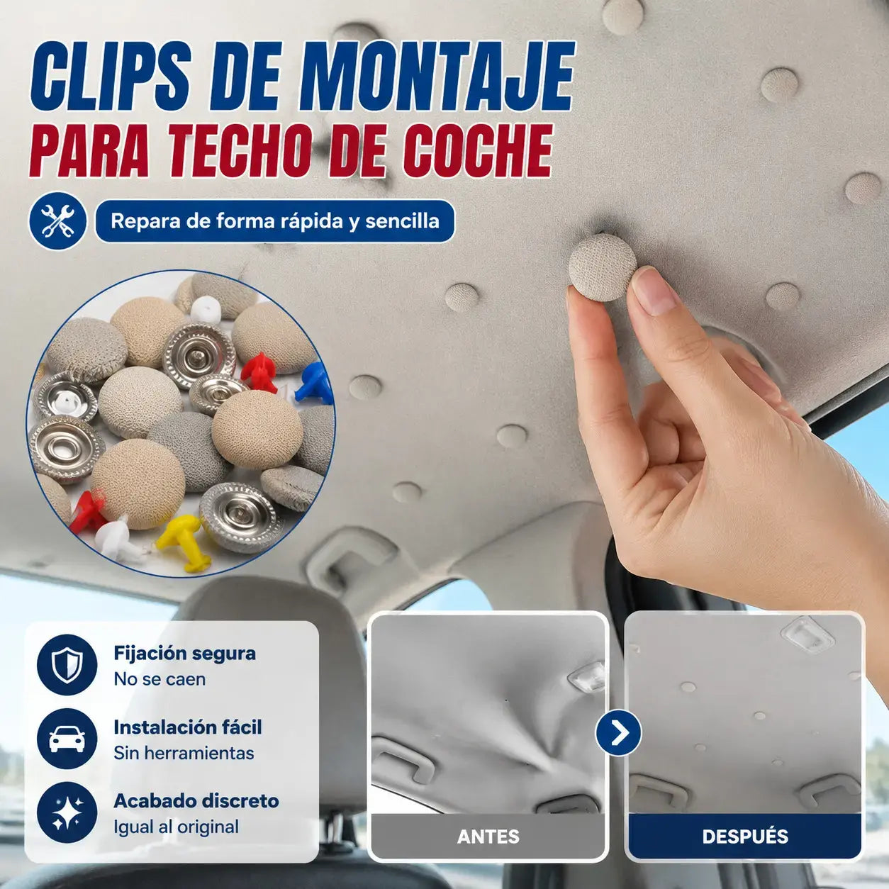 🔥【Compra 1 y llévate 1 gratis · 60 piezas】Hebillas para techo de coche + kit de herramientas de instalación