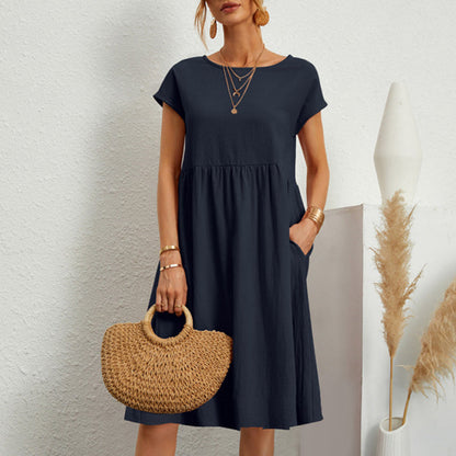 ✨ ✨ 【S-5XL】👗2025 Dámske bavlnené ľanové šaty s okrúhlym výstrihom a voľnými líniami