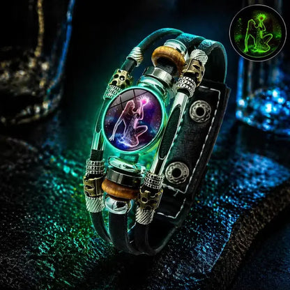 🌙 Pulsera de Cuero Zodiacal Luminiscente – Trenzado de 3 Capas, Longitud Ajustable, Unisex 💫✨