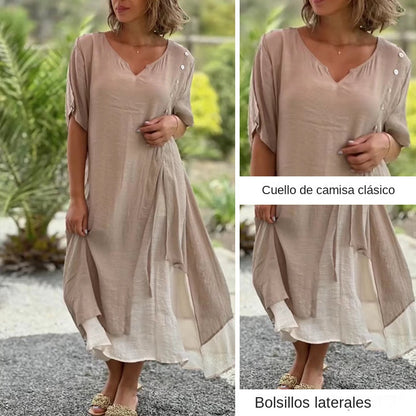 💐💐【S-4XL】Vestido de algodón de dos piezas irregular con cuello en V, vestido largo