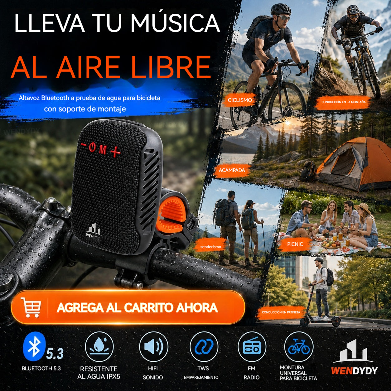 🚴‍♂️🎵 Altavoz Bluetooth impermeable para bicicleta – IPX5, estéreo TWS, llamadas manos libres. Montaje seguro, alcance de 70 m. ¡Pedalea con ritmo! 🔊✨