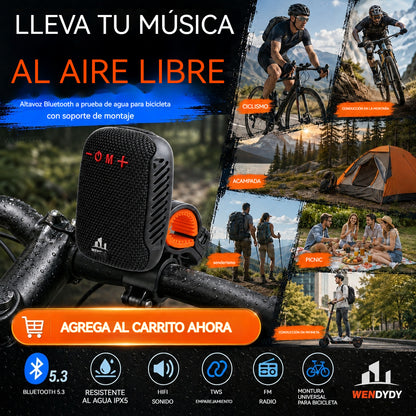 🚴‍♂️🎵 Altavoz Bluetooth impermeable para bicicleta – IPX5, estéreo TWS, llamadas manos libres. Montaje seguro, alcance de 70 m. ¡Pedalea con ritmo! 🔊✨