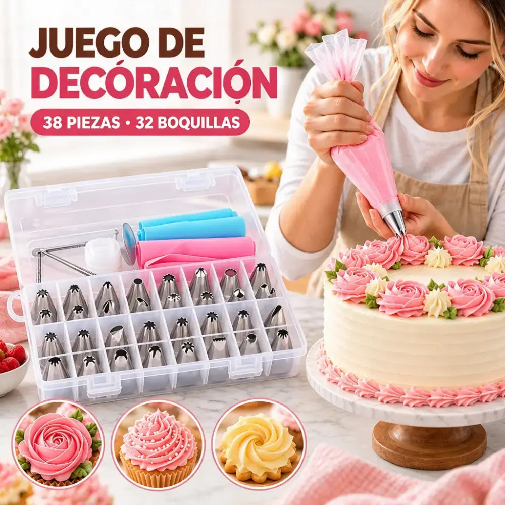 🎂✨ Set de 38 Piezas para Decorar Pasteles, 32 Boquillas de Acero Inoxidable con 2 Mangas Pasteleras de Silicona y Estuche Organizador 🧁