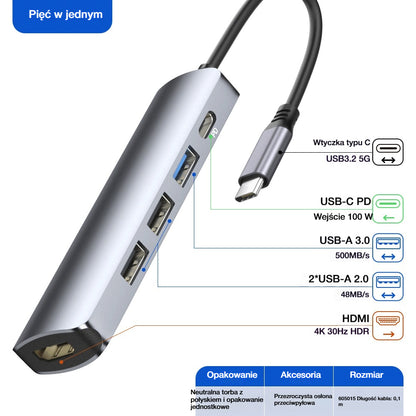 🔌✨ Przenośny hub USB-C 5-w-1, obsługuje wyjście HDMI 4K 🎥💻