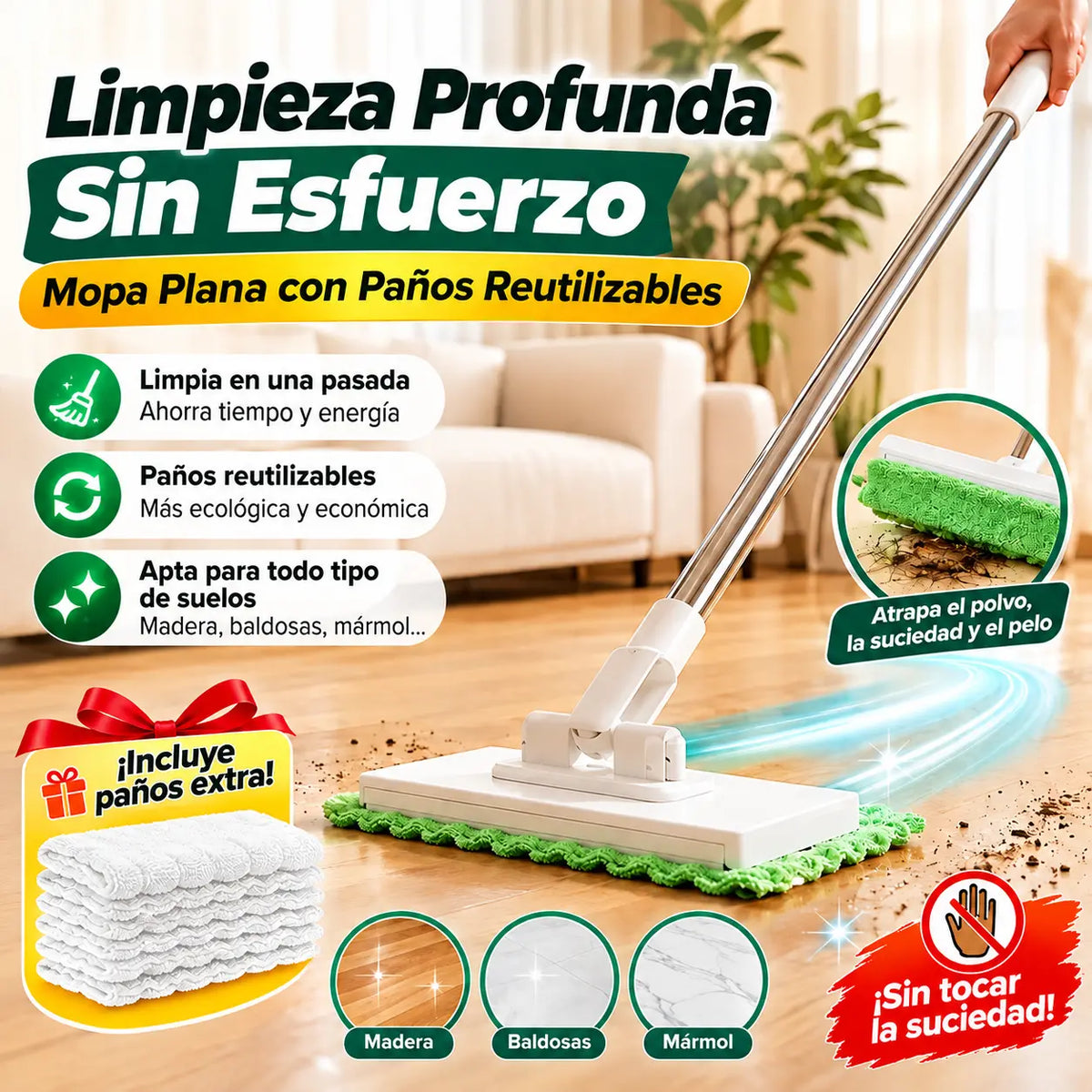 【Juego de 4 piezas】Fregona sin enjuague con diseño de pinza para paños, para que la limpieza del hogar sea más fácil